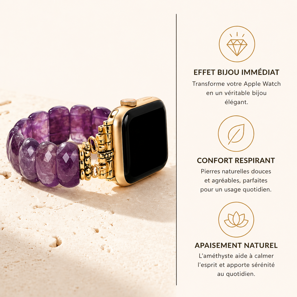 Bracelet Apple Watch Améthyste — Clarté mentale & Sérénité